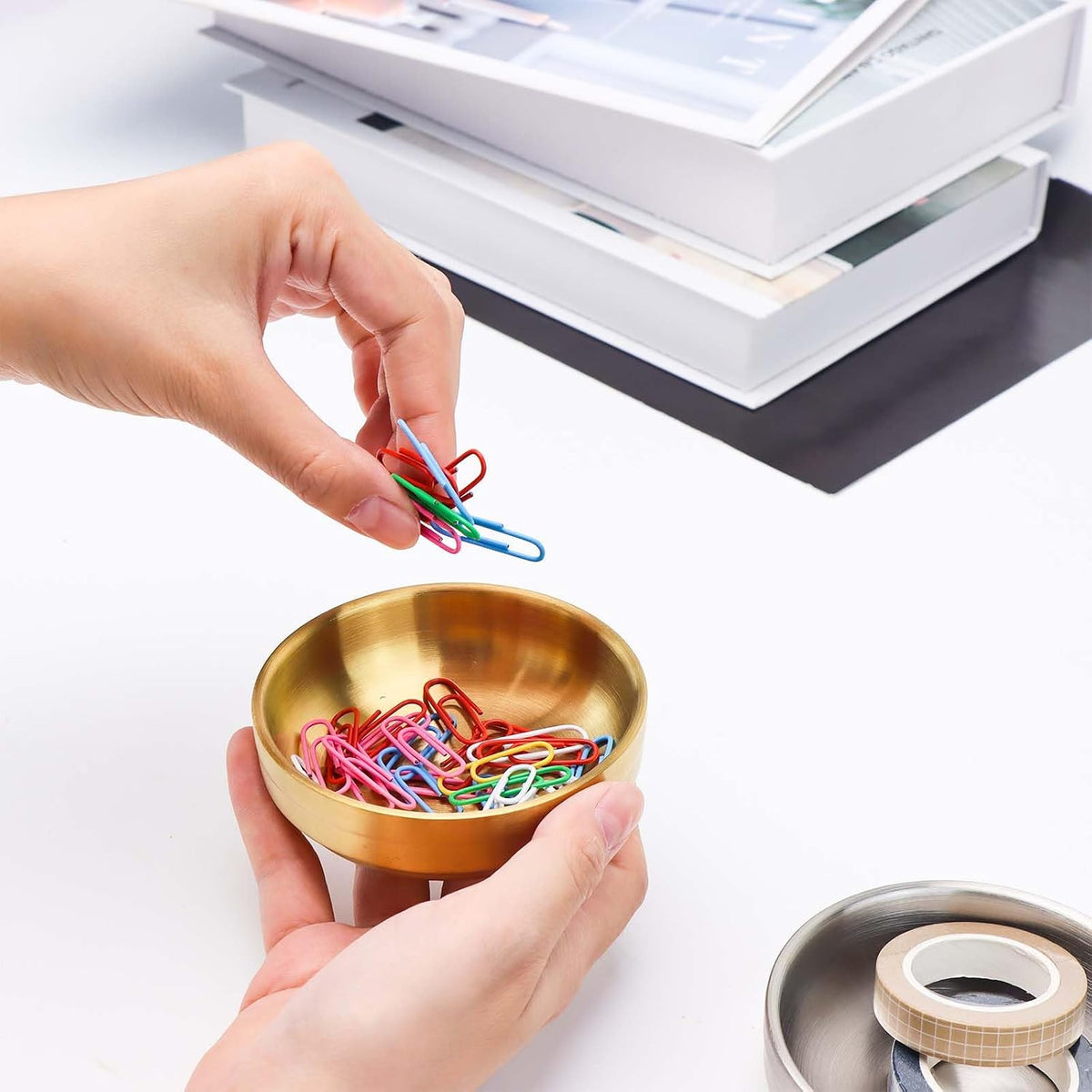 Gold Paper Clip Holder Dispenser & 30 Paper Clips