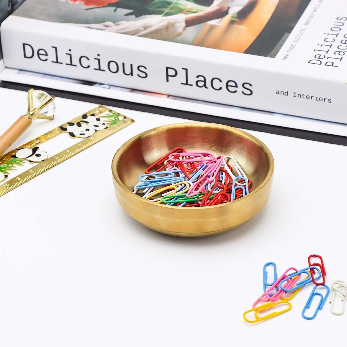 Gold Paper Clip Holder Dispenser & 30 Paper Clips