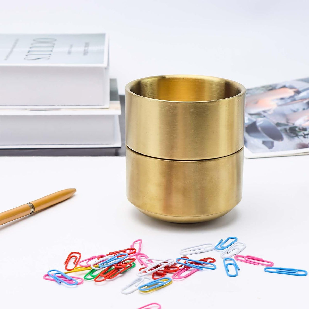 Gold Paper Clip Holder Dispenser & 30 Paper Clips