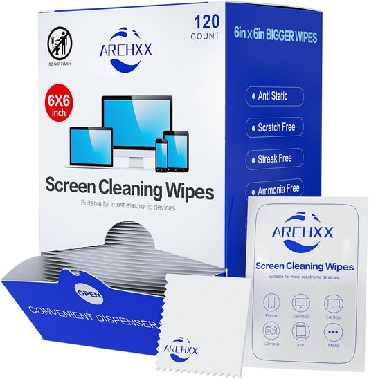 Screen Wipes for Electronics, 120 Count 6"x6" Pre-Moistened Screen Cleaner for Screens, Computer,Laptop,Tablet,Phone,Monitor,Car Screen Cleaner, Lens Wipes Individually Wrapped