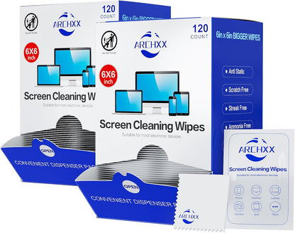 Screen Wipes for Electronics, 120 Count 6"x6" Pre-Moistened Screen Cleaner for Screens, Computer,Laptop,Tablet,Phone,Monitor,Car Screen Cleaner, Lens Wipes Individually Wrapped