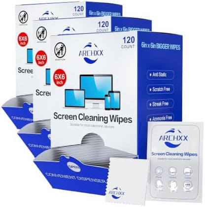 Screen Wipes for Electronics, 120 Count 6"x6" Pre-Moistened Screen Cleaner for Screens, Computer,Laptop,Tablet,Phone,Monitor,Car Screen Cleaner, Lens Wipes Individually Wrapped