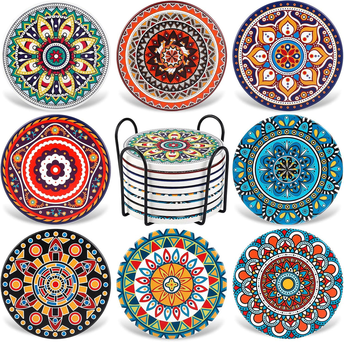 Coasters for Drinks, Set of 8 Absorbent Stone Coasters for Wooden Table, Mandala Ceramic with Cork Base, Gift for Housewarming Birthday and Family - Great Home and Dining Room Decor