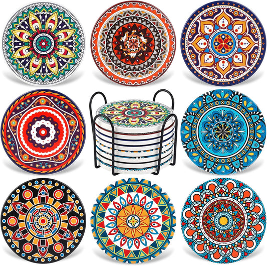 Coasters for Drinks, Set of 8 Absorbent Stone Coasters for Wooden Table, Mandala Ceramic with Cork Base, Gift for Housewarming Birthday and Family - Great Home and Dining Room Decor