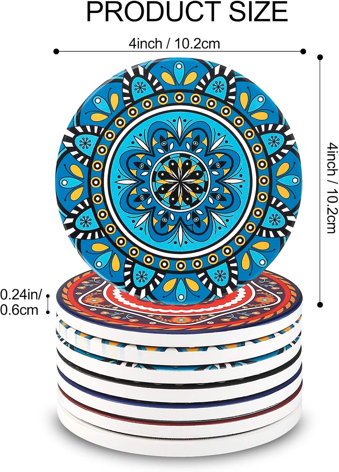 Coasters for Drinks, Set of 8 Absorbent Stone Coasters for Wooden Table, Mandala Ceramic with Cork Base, Gift for Housewarming Birthday and Family - Great Home and Dining Room Decor