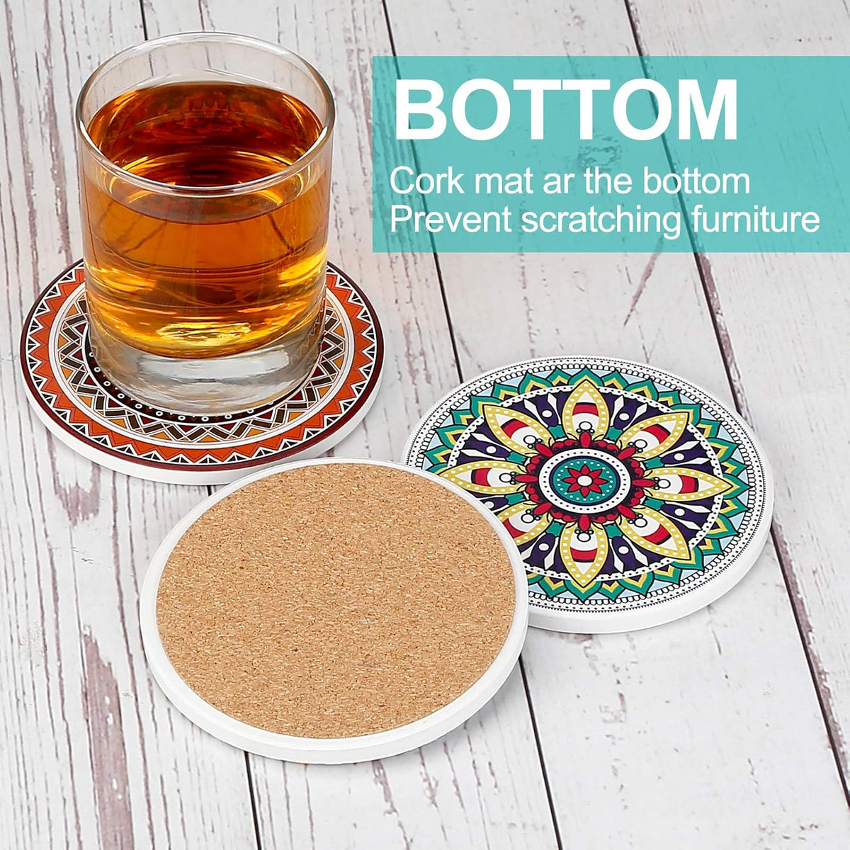 Coasters for Drinks, Set of 8 Absorbent Stone Coasters for Wooden Table, Mandala Ceramic with Cork Base, Gift for Housewarming Birthday and Family - Great Home and Dining Room Decor
