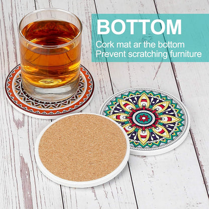 Coasters for Drinks, Set of 8 Absorbent Stone Coasters for Wooden Table, Mandala Ceramic with Cork Base, Gift for Housewarming Birthday and Family - Great Home and Dining Room Decor