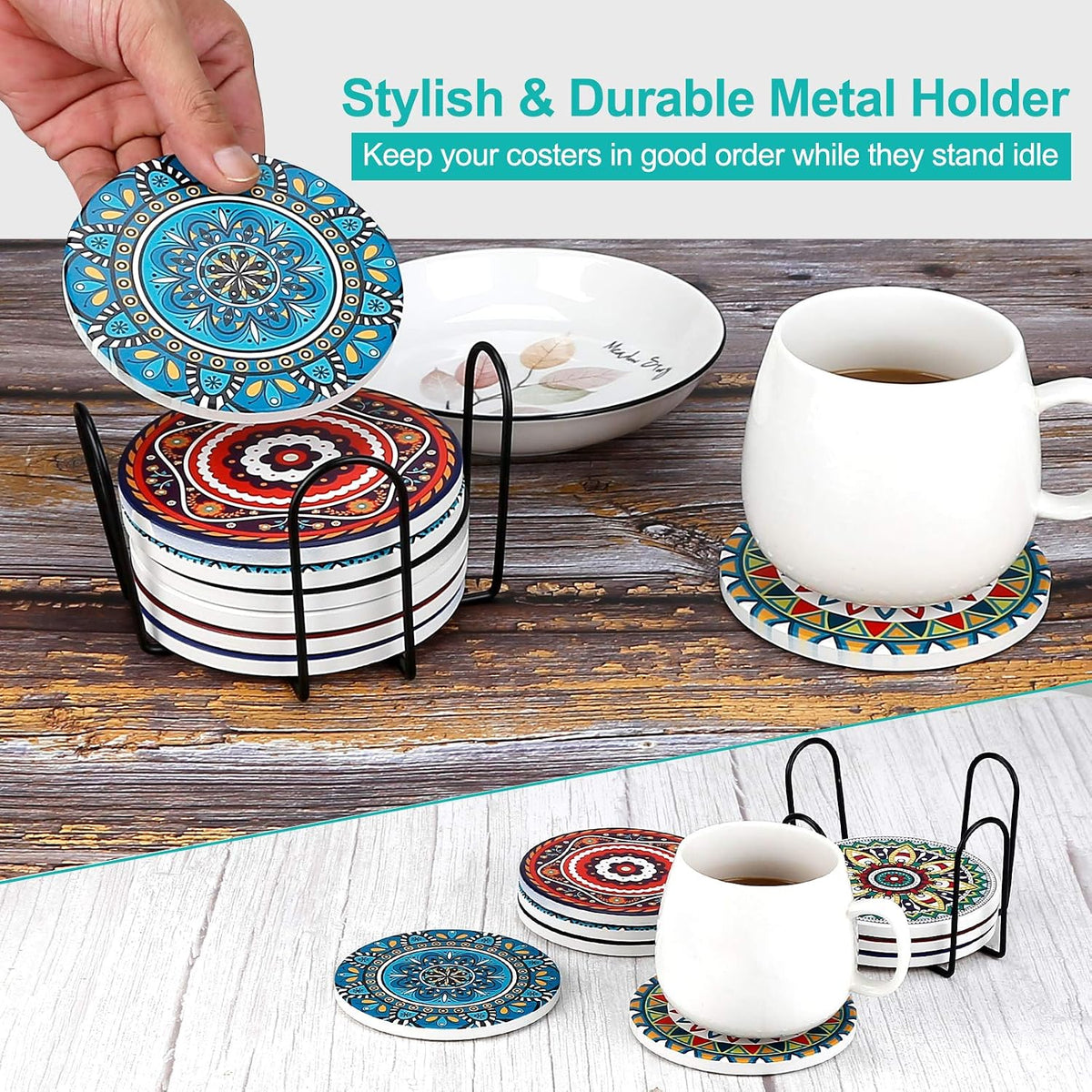 Coasters for Drinks, Set of 8 Absorbent Stone Coasters for Wooden Table, Mandala Ceramic with Cork Base, Gift for Housewarming Birthday and Family - Great Home and Dining Room Decor
