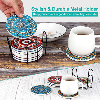 Coasters for Drinks, Set of 8 Absorbent Stone Coasters for Wooden Table, Mandala Ceramic with Cork Base, Gift for Housewarming Birthday and Family - Great Home and Dining Room Decor