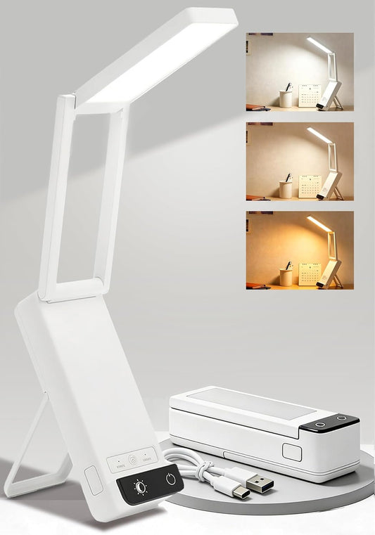 Rechargeable Desk Lamp, 6000mAh Cordless Table Lamp, Portable Desk Lamp for Craft, Reading, Puzzle, Dorm, Office - Timer, 3CCT, Dimmable, Foldable, White