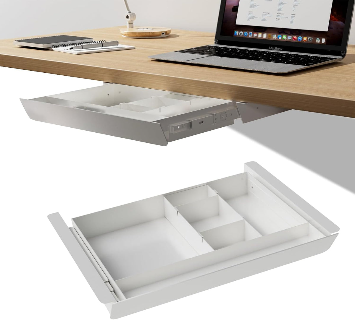 Under Desk Mounted Sliding Pull-out Drawer with Pencil Tray and Slide Storage Tray, 17'' long & 13.5'' deep Large Storage Organizer for Sit Stand Workstation