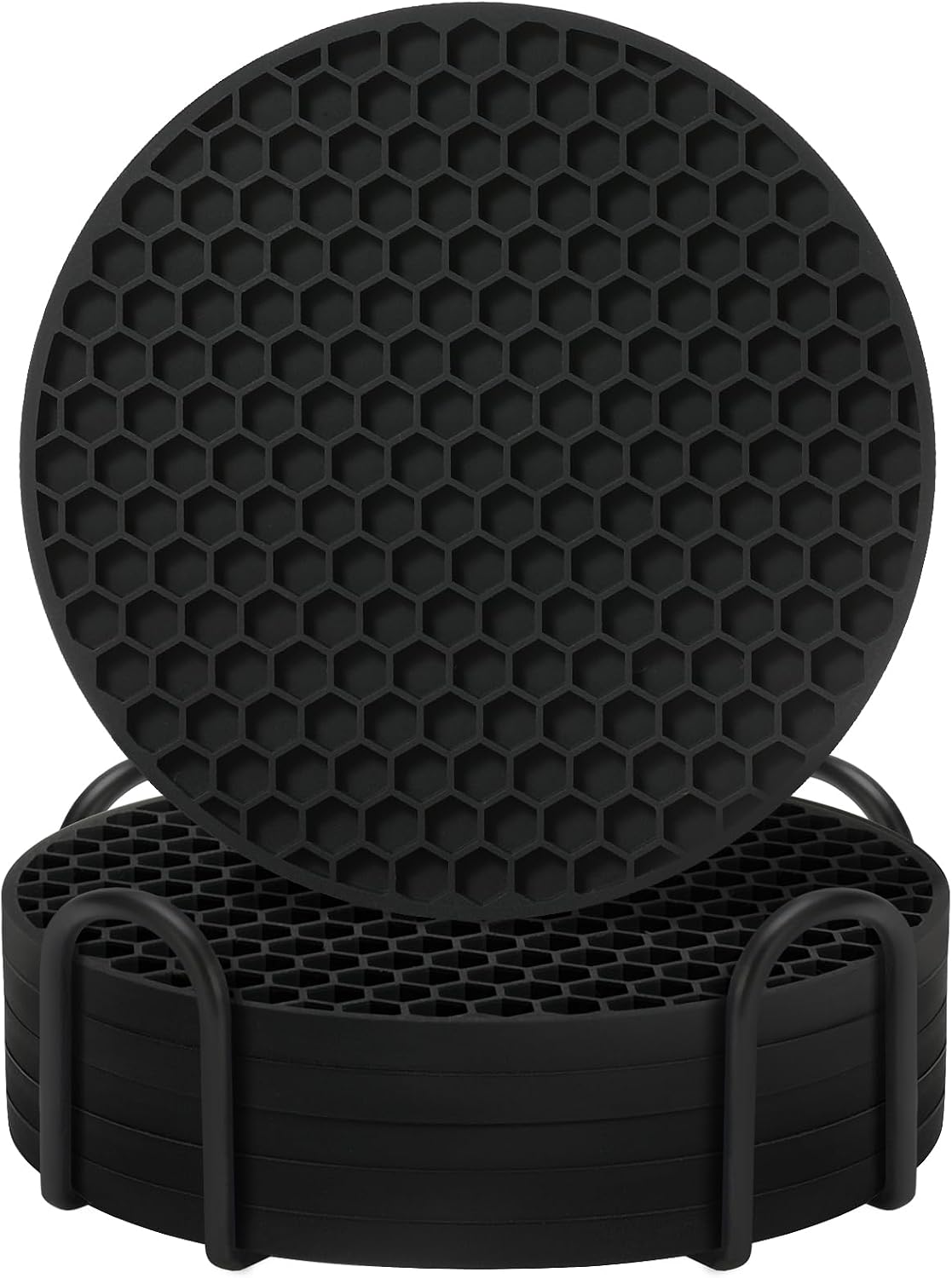 Silicone Coasters Set of 6 with Holder — Non-Slip Drink Coasters for Coffee Table, Home Bar & Kitchen, Protects Wood & Marble Surfaces from Water Rings, Dishwasher Safe (Black)