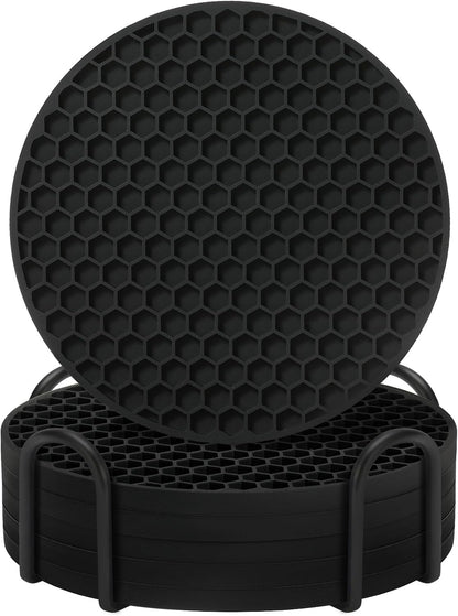Silicone Coasters Set of 6 with Holder — Non-Slip Drink Coasters for Coffee Table, Home Bar & Kitchen, Protects Wood & Marble Surfaces from Water Rings, Dishwasher Safe (Black)