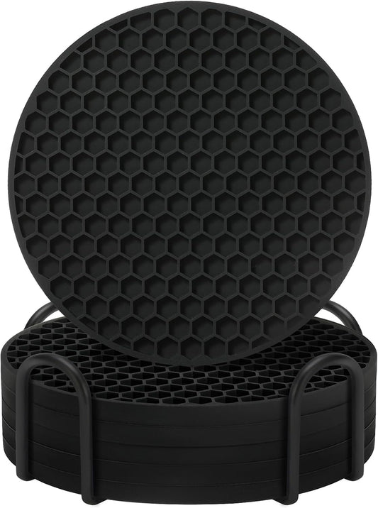 Silicone Coasters Set of 6 with Holder — Non-Slip Drink Coasters for Coffee Table, Home Bar & Kitchen, Protects Wood & Marble Surfaces from Water Rings, Dishwasher Safe (Black)
