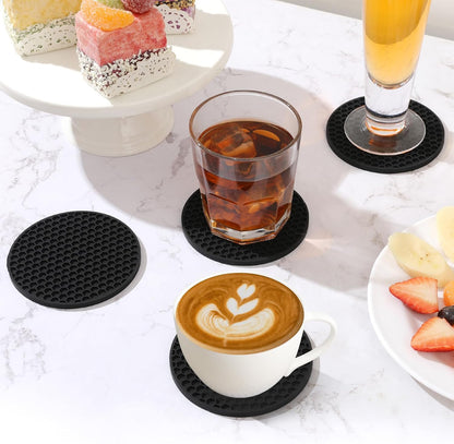Silicone Coasters Set of 6 with Holder — Non-Slip Drink Coasters for Coffee Table, Home Bar & Kitchen, Protects Wood & Marble Surfaces from Water Rings, Dishwasher Safe (Black)