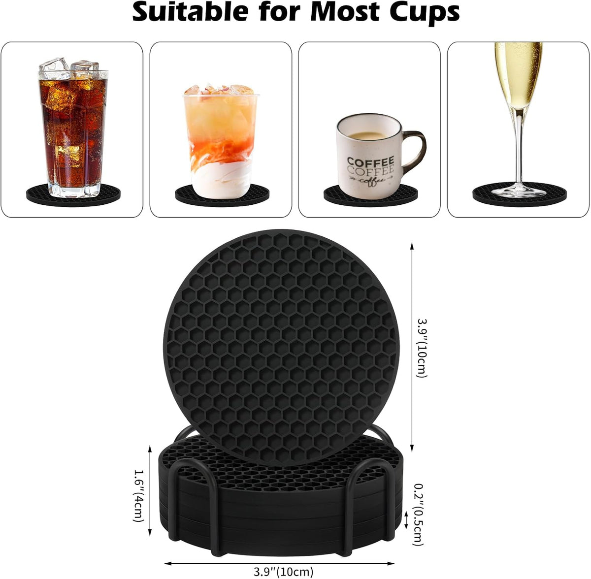 Silicone Coasters Set of 6 with Holder — Non-Slip Drink Coasters for Coffee Table, Home Bar & Kitchen, Protects Wood & Marble Surfaces from Water Rings, Dishwasher Safe (Black)