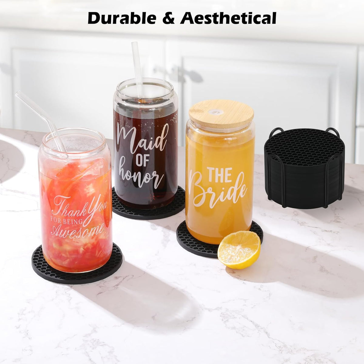 Silicone Coasters Set of 6 with Holder — Non-Slip Drink Coasters for Coffee Table, Home Bar & Kitchen, Protects Wood & Marble Surfaces from Water Rings, Dishwasher Safe (Black)