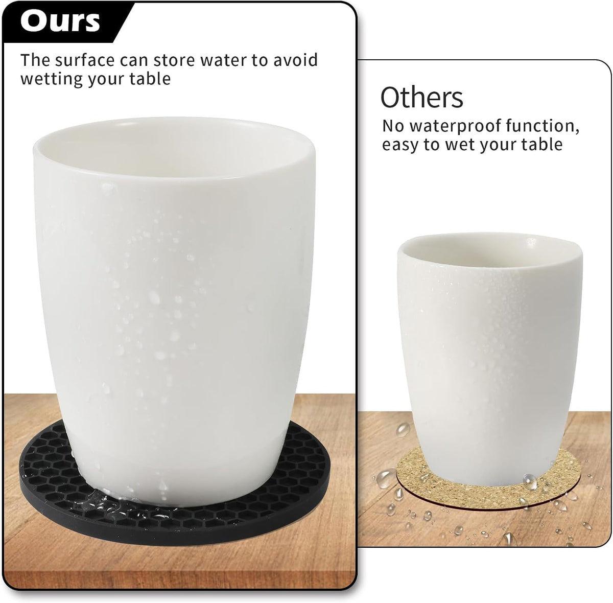 Silicone Coasters Set of 6 with Holder — Non-Slip Drink Coasters for Coffee Table, Home Bar & Kitchen, Protects Wood & Marble Surfaces from Water Rings, Dishwasher Safe (Black)