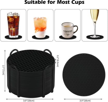 Silicone Coasters Set of 6 with Holder — Non-Slip Drink Coasters for Coffee Table, Home Bar & Kitchen, Protects Wood & Marble Surfaces from Water Rings, Dishwasher Safe (Black)