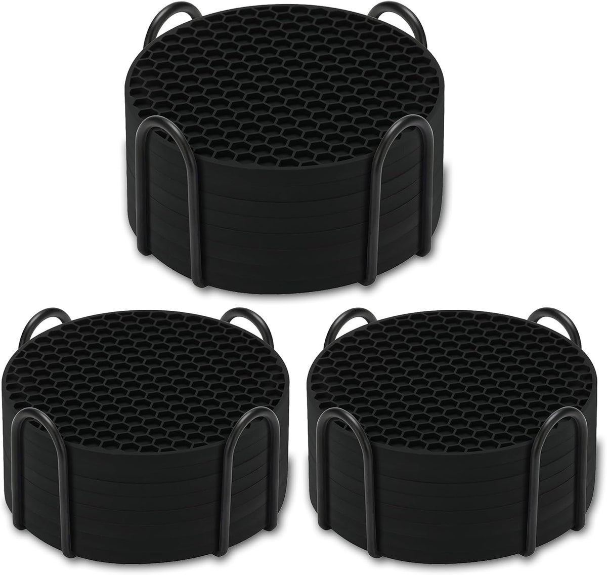 Silicone Coasters Set of 6 with Holder — Non-Slip Drink Coasters for Coffee Table, Home Bar & Kitchen, Protects Wood & Marble Surfaces from Water Rings, Dishwasher Safe (Black)