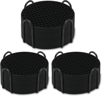 Silicone Coasters Set of 6 with Holder — Non-Slip Drink Coasters for Coffee Table, Home Bar & Kitchen, Protects Wood & Marble Surfaces from Water Rings, Dishwasher Safe (Black)