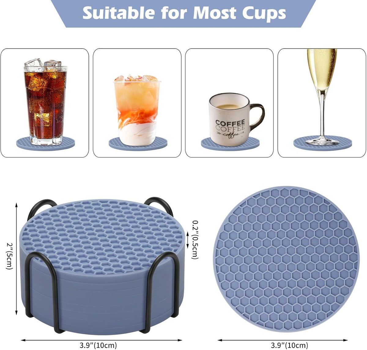 Silicone Coasters Set of 6 with Holder — Non-Slip Drink Coasters for Coffee Table, Home Bar & Kitchen, Protects Wood & Marble Surfaces from Water Rings, Dishwasher Safe (Black)