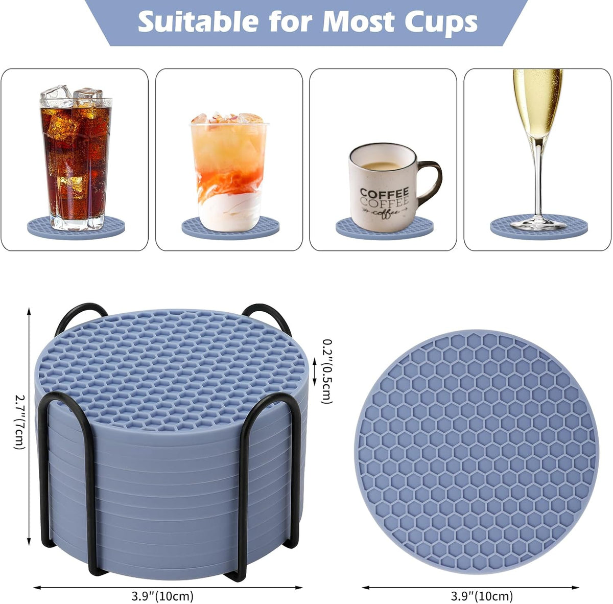 Silicone Coasters Set of 6 with Holder — Non-Slip Drink Coasters for Coffee Table, Home Bar & Kitchen, Protects Wood & Marble Surfaces from Water Rings, Dishwasher Safe (Black)