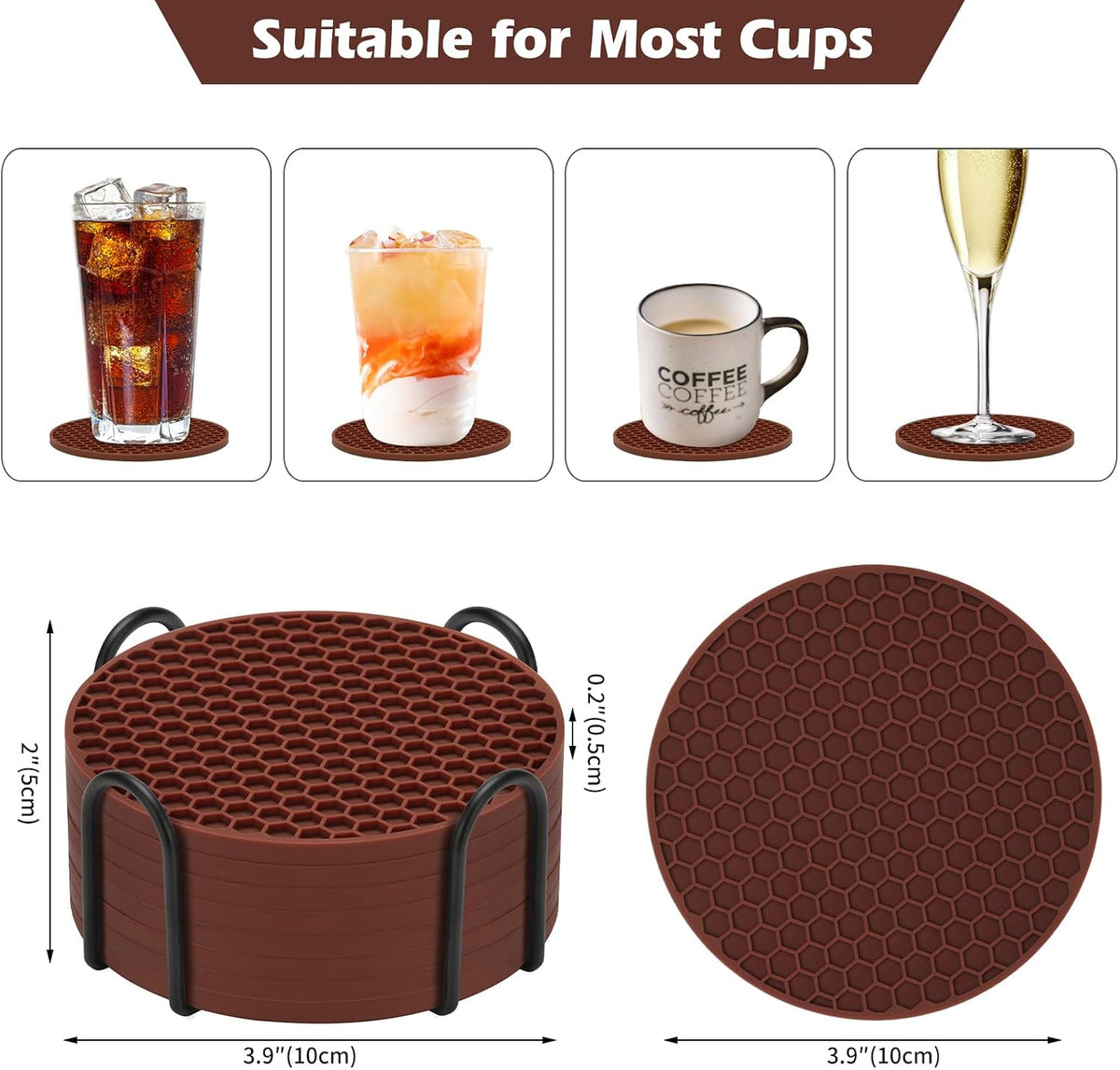 Silicone Coasters Set of 6 with Holder — Non-Slip Drink Coasters for Coffee Table, Home Bar & Kitchen, Protects Wood & Marble Surfaces from Water Rings, Dishwasher Safe (Black)