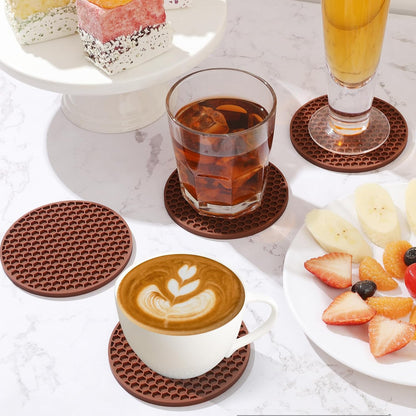 Silicone Coasters Set of 6 with Holder — Non-Slip Drink Coasters for Coffee Table, Home Bar & Kitchen, Protects Wood & Marble Surfaces from Water Rings, Dishwasher Safe (Black)