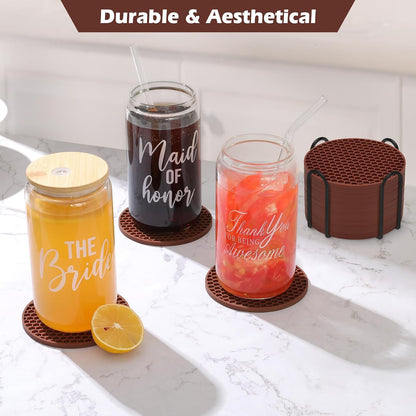 Silicone Coasters Set of 6 with Holder — Non-Slip Drink Coasters for Coffee Table, Home Bar & Kitchen, Protects Wood & Marble Surfaces from Water Rings, Dishwasher Safe (Black)