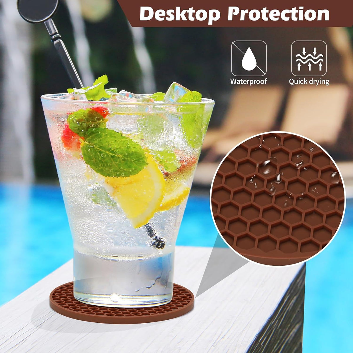 Silicone Coasters Set of 6 with Holder — Non-Slip Drink Coasters for Coffee Table, Home Bar & Kitchen, Protects Wood & Marble Surfaces from Water Rings, Dishwasher Safe (Black)