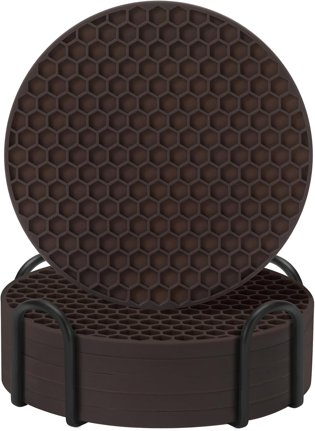 Silicone Coasters Set of 6 with Holder — Non-Slip Drink Coasters for Coffee Table, Home Bar & Kitchen, Protects Wood & Marble Surfaces from Water Rings, Dishwasher Safe (Black)