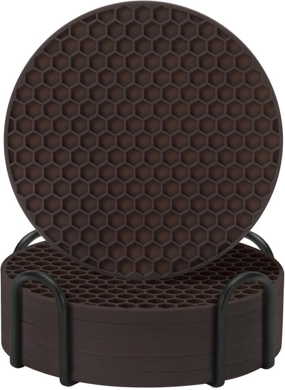 Silicone Coasters Set of 6 with Holder — Non-Slip Drink Coasters for Coffee Table, Home Bar & Kitchen, Protects Wood & Marble Surfaces from Water Rings, Dishwasher Safe (Black)