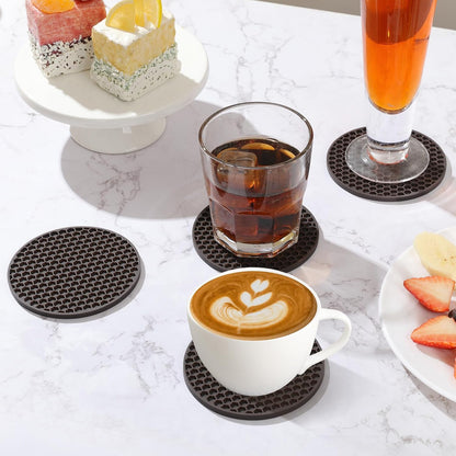 Silicone Coasters Set of 6 with Holder — Non-Slip Drink Coasters for Coffee Table, Home Bar & Kitchen, Protects Wood & Marble Surfaces from Water Rings, Dishwasher Safe (Black)
