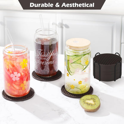 Silicone Coasters Set of 6 with Holder — Non-Slip Drink Coasters for Coffee Table, Home Bar & Kitchen, Protects Wood & Marble Surfaces from Water Rings, Dishwasher Safe (Black)