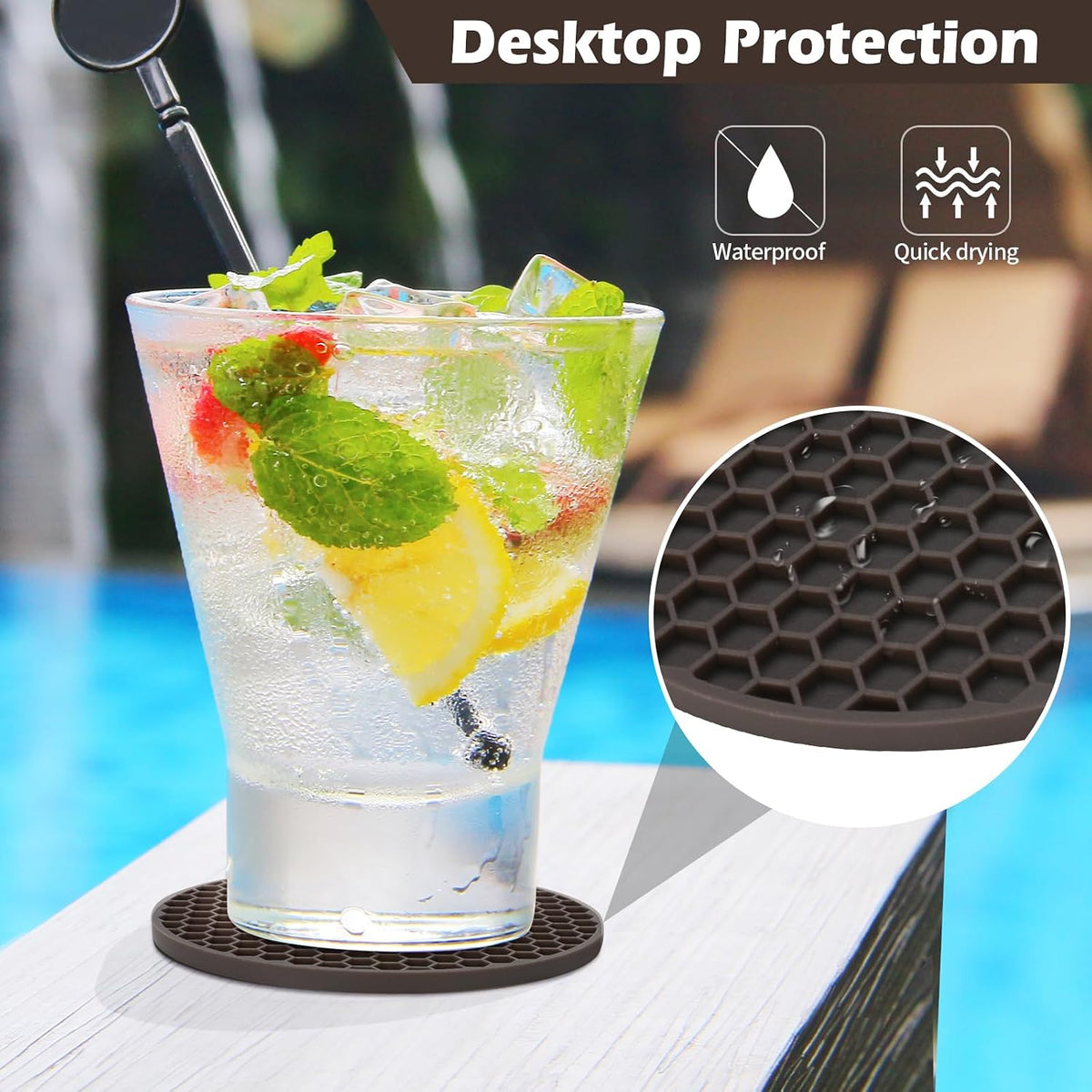 Silicone Coasters Set of 6 with Holder — Non-Slip Drink Coasters for Coffee Table, Home Bar & Kitchen, Protects Wood & Marble Surfaces from Water Rings, Dishwasher Safe (Black)