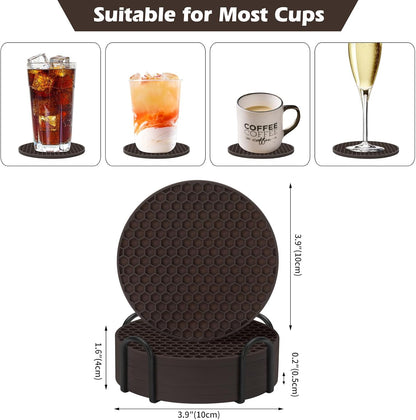 Silicone Coasters Set of 6 with Holder — Non-Slip Drink Coasters for Coffee Table, Home Bar & Kitchen, Protects Wood & Marble Surfaces from Water Rings, Dishwasher Safe (Black)