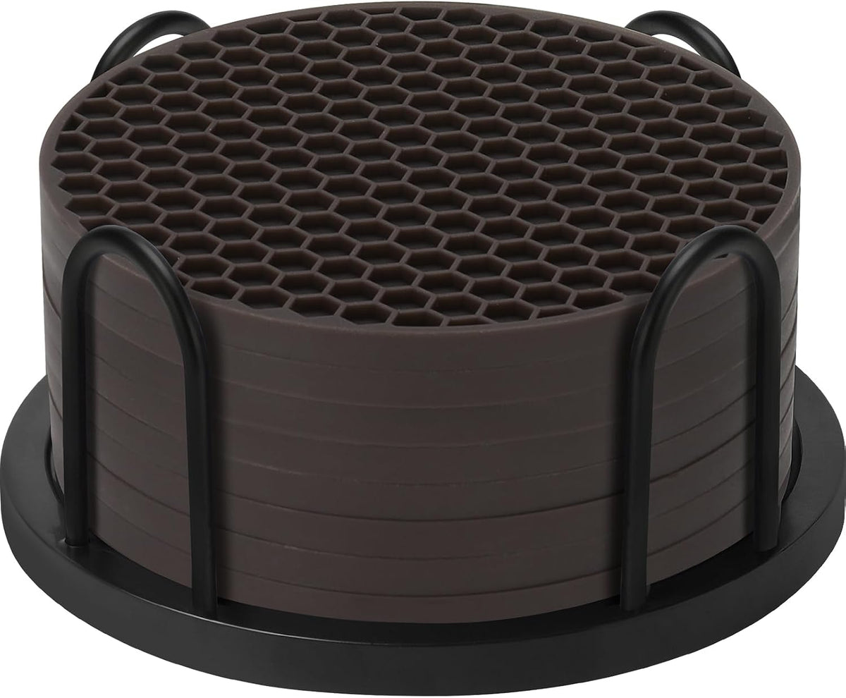 Silicone Coasters Set of 6 with Holder — Non-Slip Drink Coasters for Coffee Table, Home Bar & Kitchen, Protects Wood & Marble Surfaces from Water Rings, Dishwasher Safe (Black)