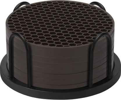 Silicone Coasters Set of 6 with Holder — Non-Slip Drink Coasters for Coffee Table, Home Bar & Kitchen, Protects Wood & Marble Surfaces from Water Rings, Dishwasher Safe (Black)