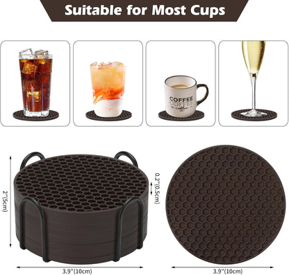 Silicone Coasters Set of 6 with Holder — Non-Slip Drink Coasters for Coffee Table, Home Bar & Kitchen, Protects Wood & Marble Surfaces from Water Rings, Dishwasher Safe (Black)