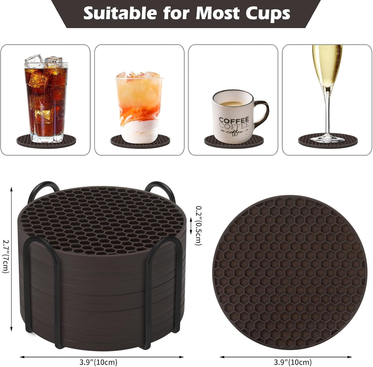 Silicone Coasters Set of 6 with Holder — Non-Slip Drink Coasters for Coffee Table, Home Bar & Kitchen, Protects Wood & Marble Surfaces from Water Rings, Dishwasher Safe (Black)
