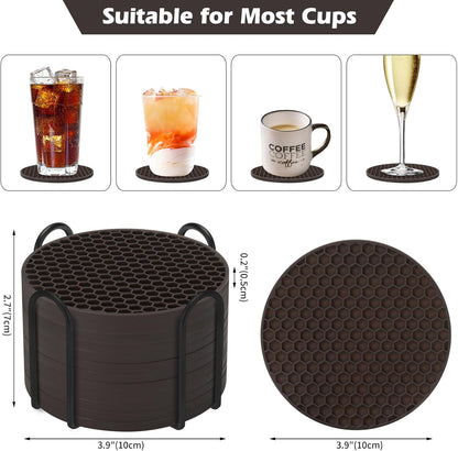 Silicone Coasters Set of 6 with Holder — Non-Slip Drink Coasters for Coffee Table, Home Bar & Kitchen, Protects Wood & Marble Surfaces from Water Rings, Dishwasher Safe (Black)