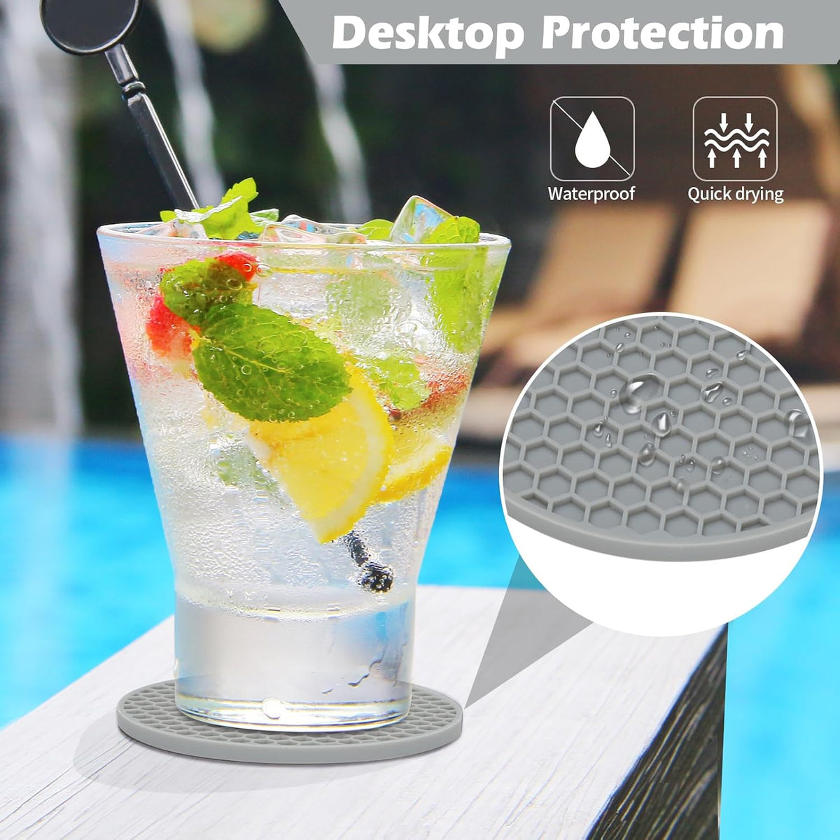Silicone Coasters Set of 6 with Holder — Non-Slip Drink Coasters for Coffee Table, Home Bar & Kitchen, Protects Wood & Marble Surfaces from Water Rings, Dishwasher Safe (Black)
