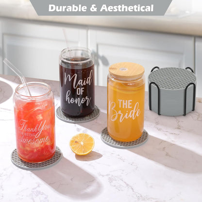 Silicone Coasters Set of 6 with Holder — Non-Slip Drink Coasters for Coffee Table, Home Bar & Kitchen, Protects Wood & Marble Surfaces from Water Rings, Dishwasher Safe (Black)
