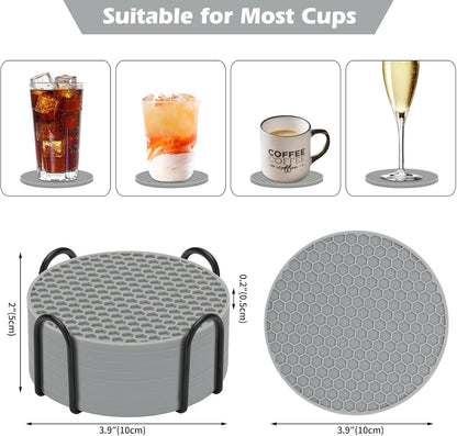 Silicone Coasters Set of 6 with Holder — Non-Slip Drink Coasters for Coffee Table, Home Bar & Kitchen, Protects Wood & Marble Surfaces from Water Rings, Dishwasher Safe (Black)
