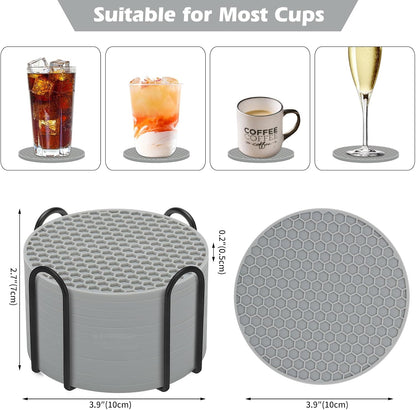 Silicone Coasters Set of 6 with Holder — Non-Slip Drink Coasters for Coffee Table, Home Bar & Kitchen, Protects Wood & Marble Surfaces from Water Rings, Dishwasher Safe (Black)