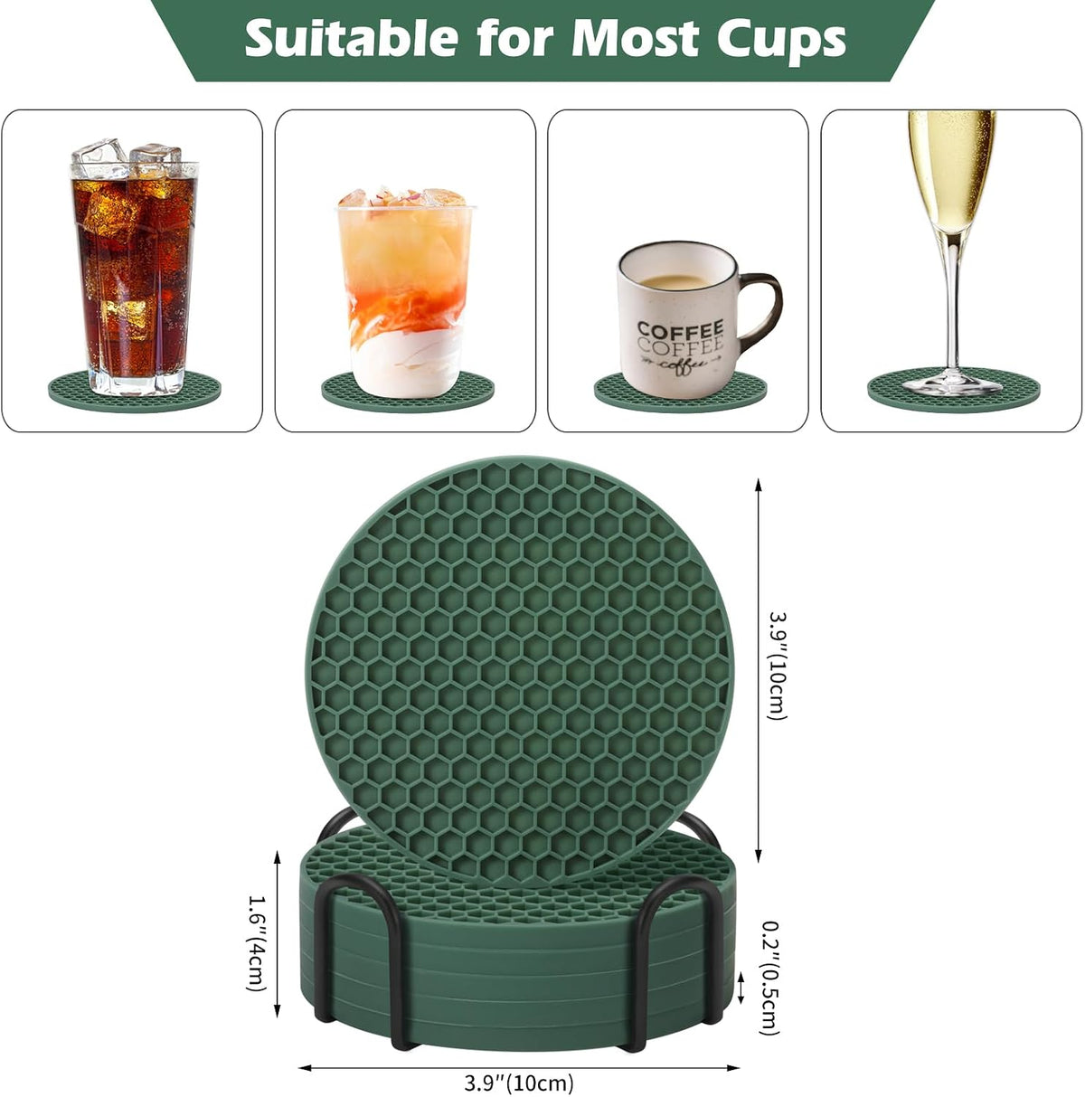 Silicone Coasters Set of 6 with Holder — Non-Slip Drink Coasters for Coffee Table, Home Bar & Kitchen, Protects Wood & Marble Surfaces from Water Rings, Dishwasher Safe (Black)
