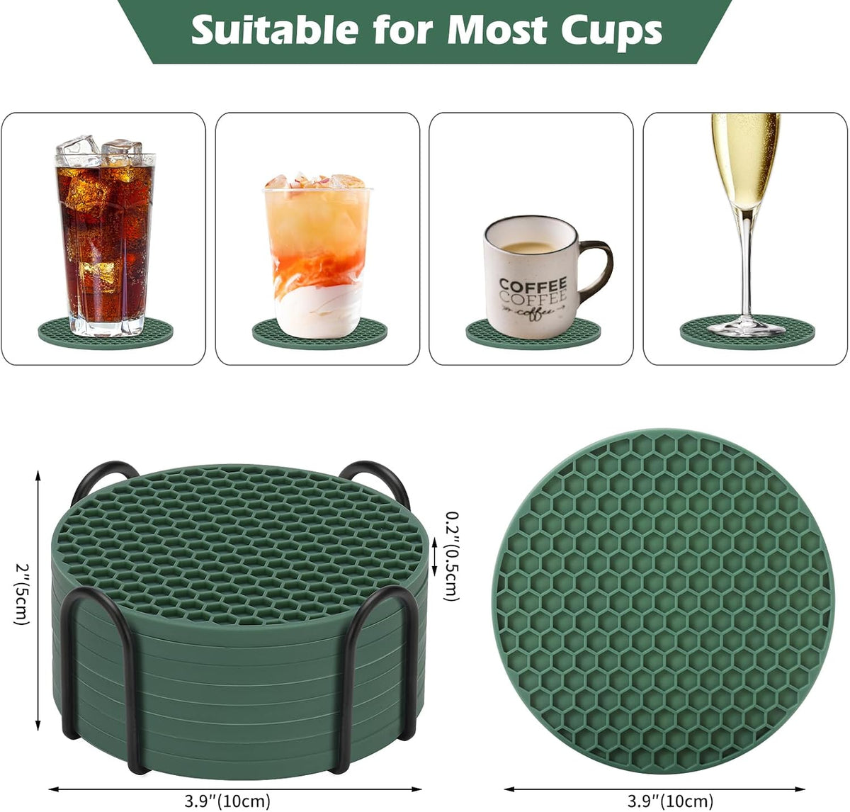 Silicone Coasters Set of 6 with Holder — Non-Slip Drink Coasters for Coffee Table, Home Bar & Kitchen, Protects Wood & Marble Surfaces from Water Rings, Dishwasher Safe (Black)