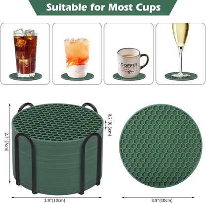 Silicone Coasters Set of 6 with Holder — Non-Slip Drink Coasters for Coffee Table, Home Bar & Kitchen, Protects Wood & Marble Surfaces from Water Rings, Dishwasher Safe (Black)