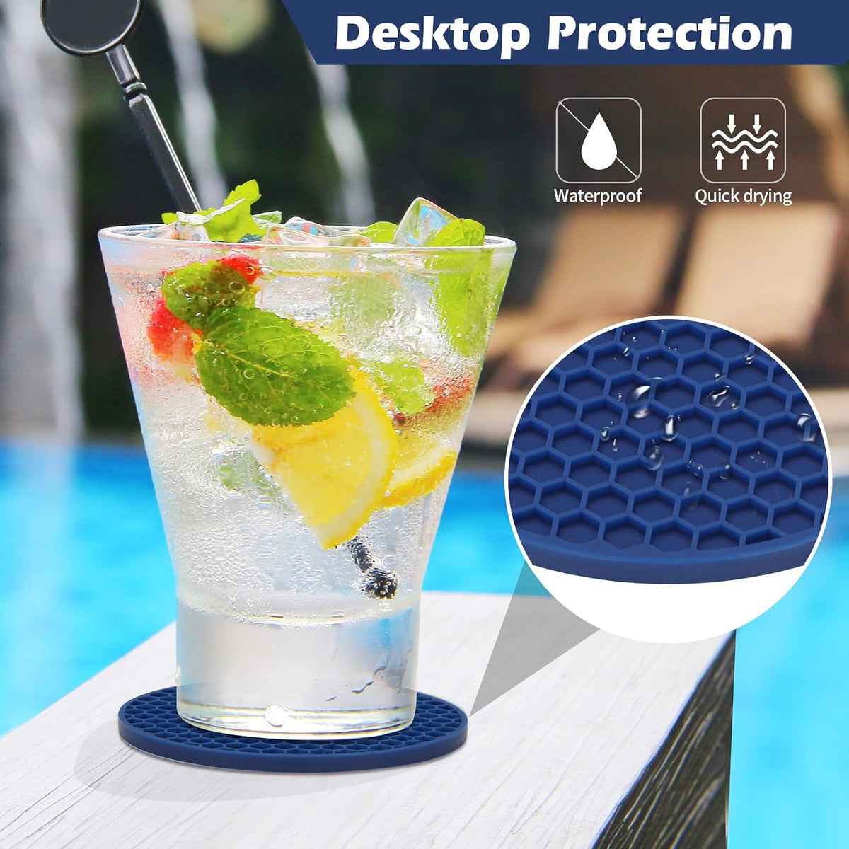 Silicone Coasters Set of 6 with Holder — Non-Slip Drink Coasters for Coffee Table, Home Bar & Kitchen, Protects Wood & Marble Surfaces from Water Rings, Dishwasher Safe (Black)